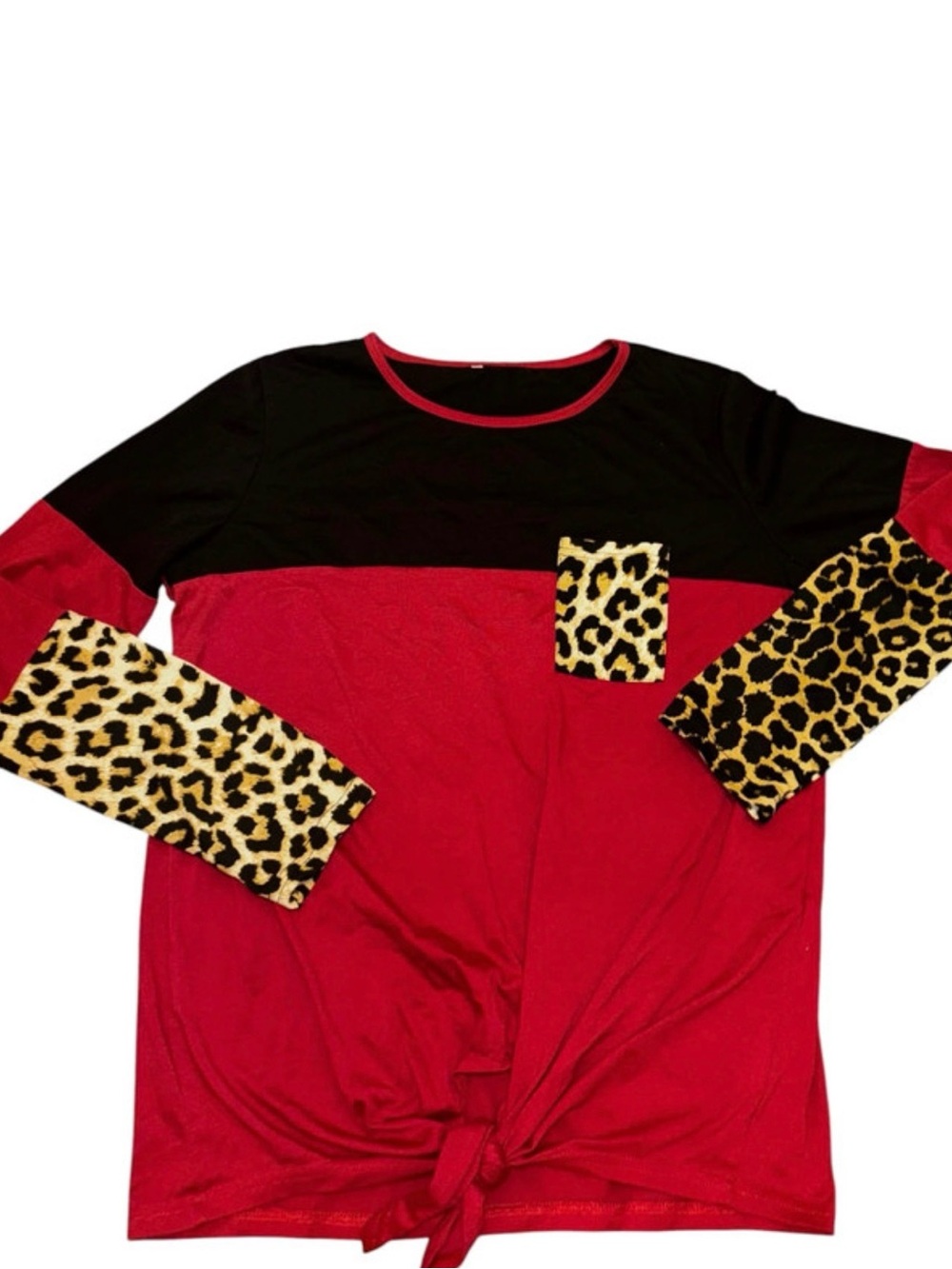 Red & Black Long Sleeve Top with Leopard Pocket and Cuffs
